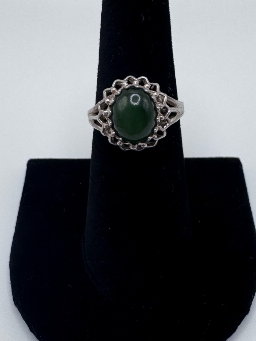 Sterling Silver 925 Vintage Nephrite Green Jade Art Deco Ring Sz 6